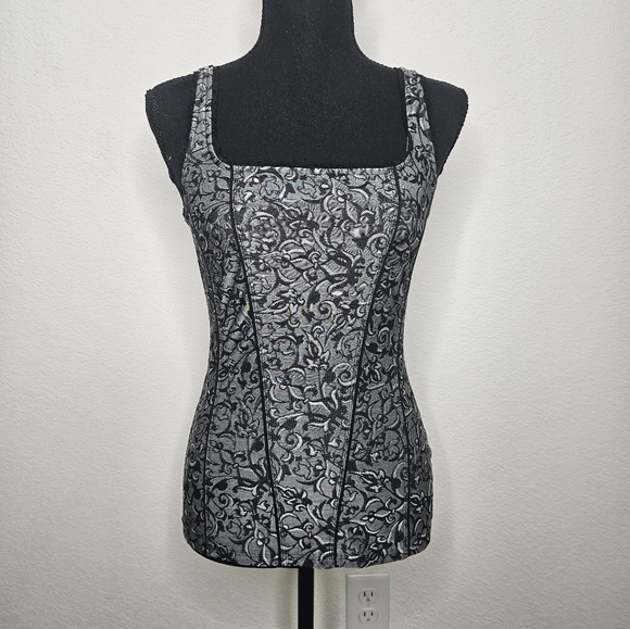 WHBM Elegant Floral Square Neck Ruffle Trim Fitted Corset Style Stretch Tank Y2K - Picture 1 of 11